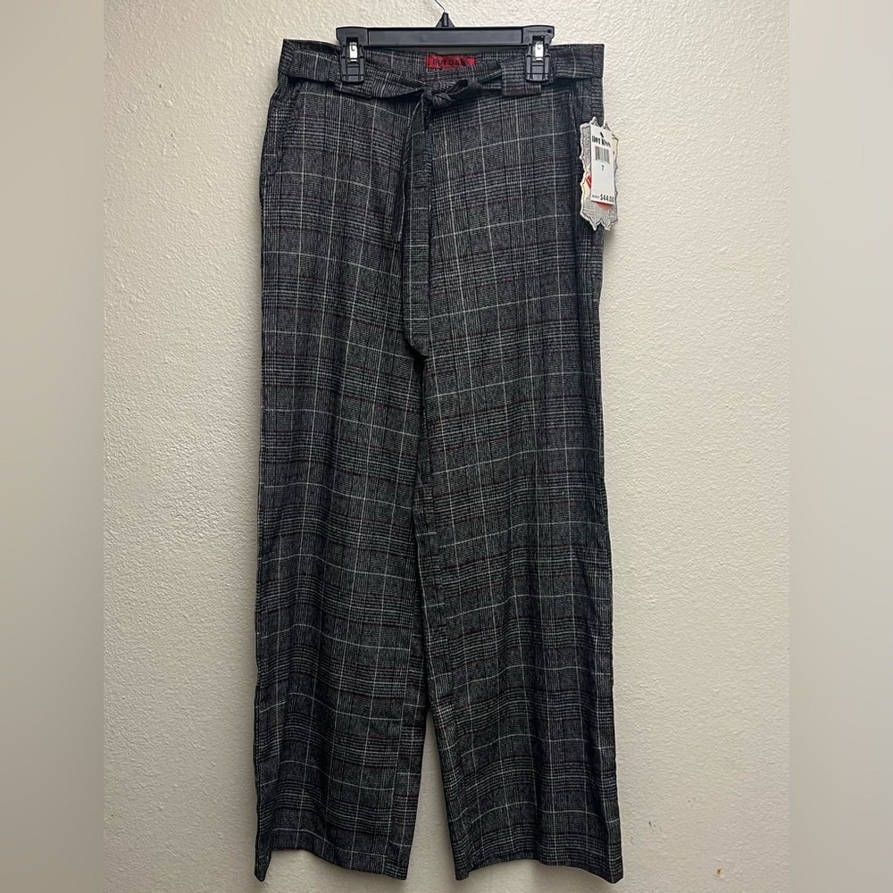 NWT Hot Kiss Trousers Juniors 7 Gray Red Plaid Waist Tie Hi Rise Straight